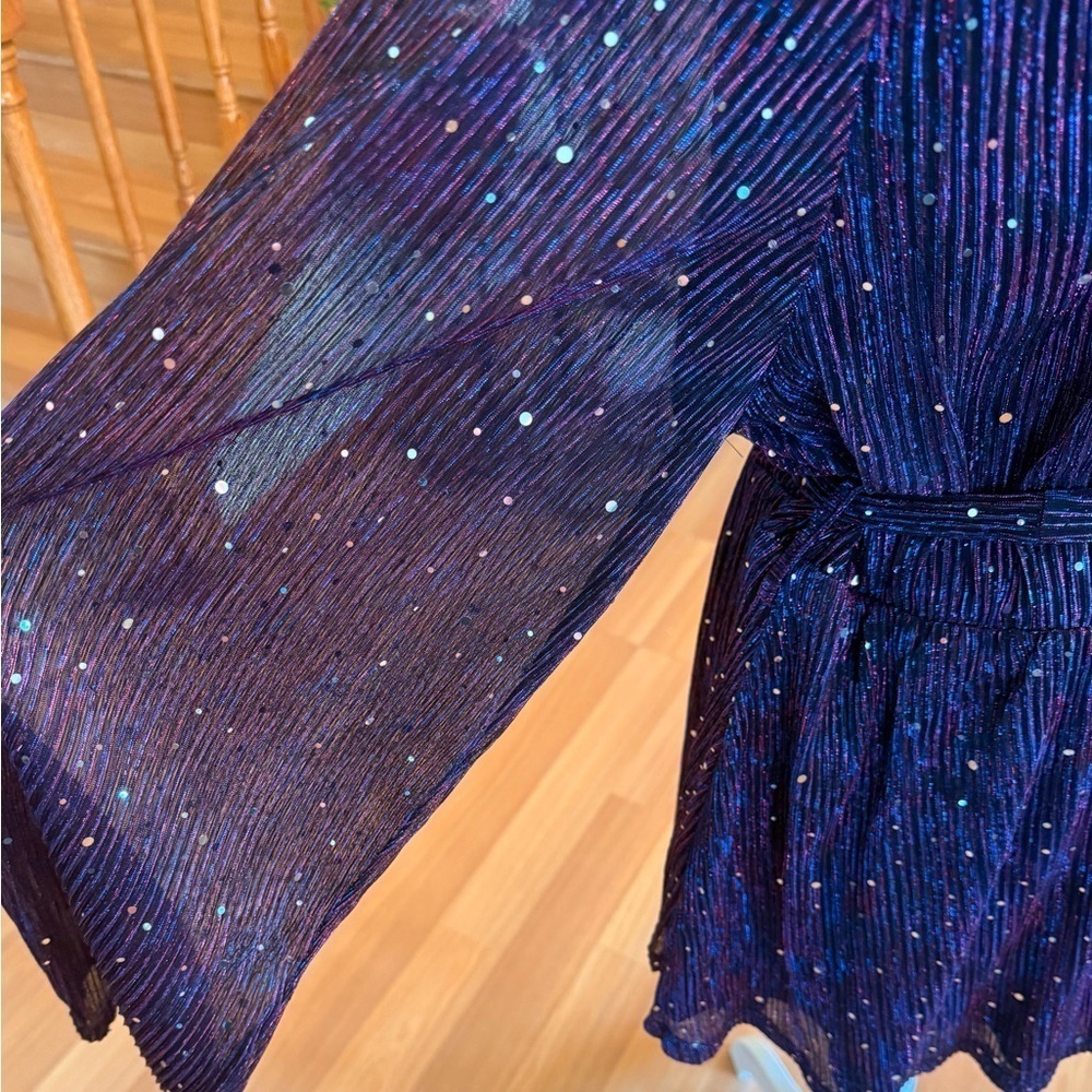NWT Bloomchic Sequin Mesh Lantern Sleeve Belted Striped Blouse 22-24 Stretch - Picture 4 of 16